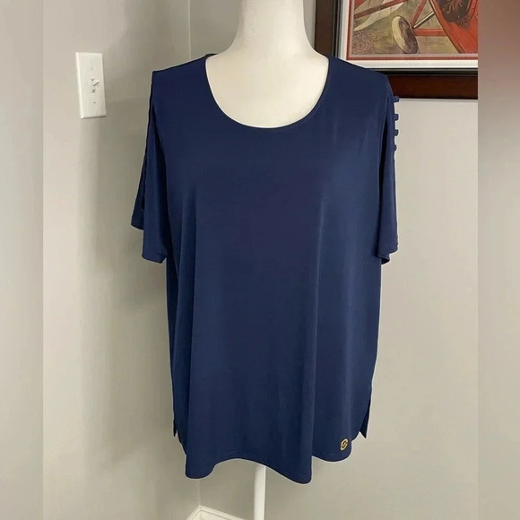 Michael Kors Lattice Sleeve Blue Top Size 1X Plus NEW Short Sleeve - Picture 1 of 6